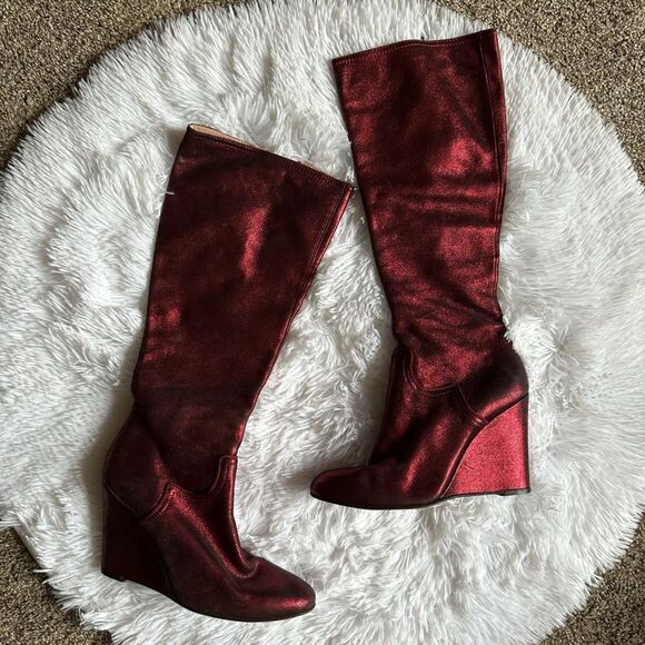 Nanette Lepore Sparkly Knee High Boots Wedge Red Womens Size 9 B FLAWED - Picture 1 of 14